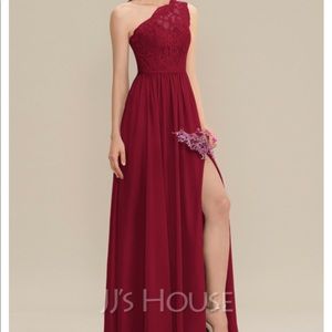 JJ house a-line one shoulder floor length chiffon lace dress in burgundy, hemmed